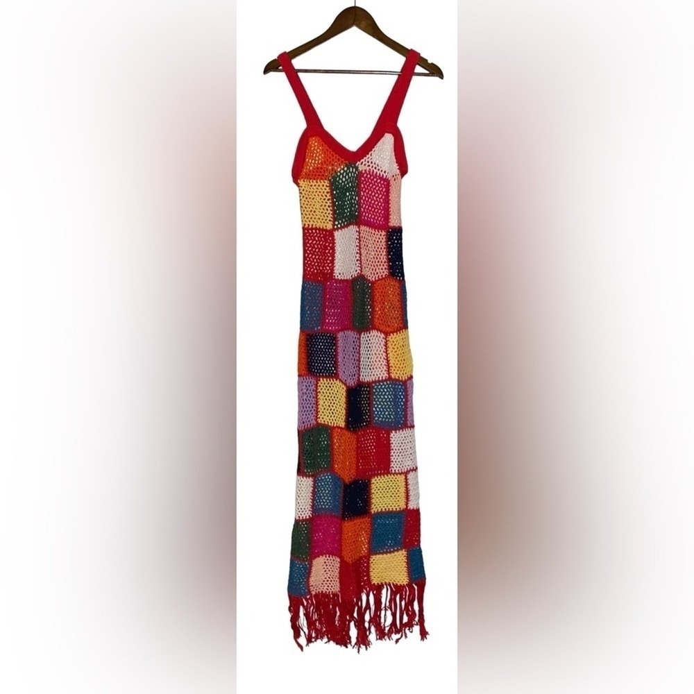 Carolina K Vera Patchwork Crochet Fringe‎ Maxi Dress Women L Artisanal Boho 70's